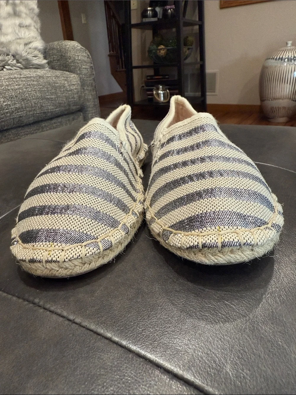 Metallic Striped Canvas Slip-On Espadrilles - Silver & Cream Women’s Size 8M